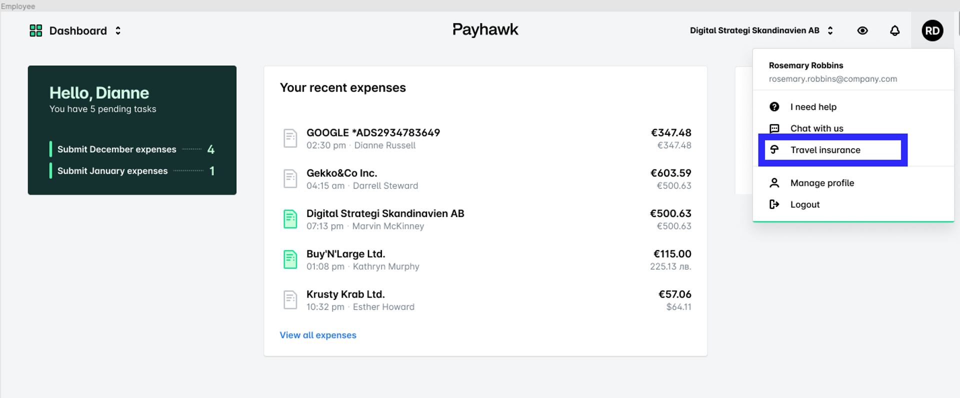 A screenshot of the Payhawk spend management solution, showing where the free travel insurance button is located.